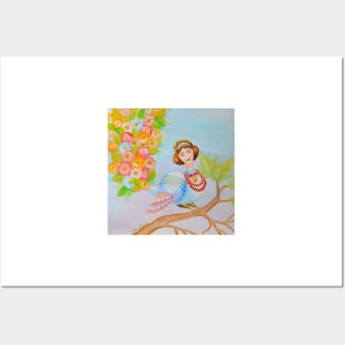 Fairy Bird Watercolor Painting Collage Posters and Art